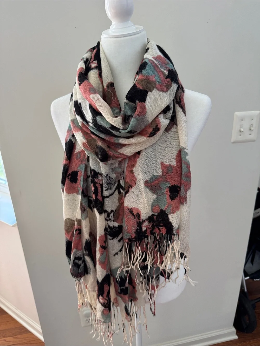 Floral Fringe Oblong Scarf in Cream and Rose, purchased at Nordstrom